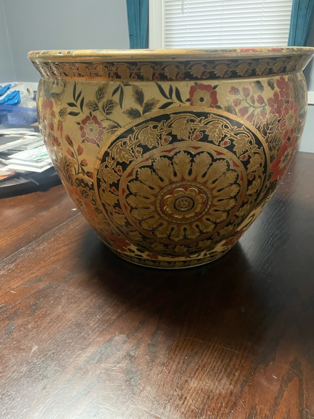Decorative Floral Ceramic Planter - Gold and Red - Picture 3 of 3